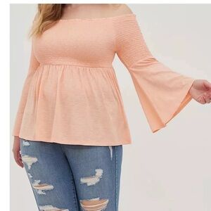 Torrid Smocked Cold Shoulder Peach Long Sleeve Babydoll Top size 2X